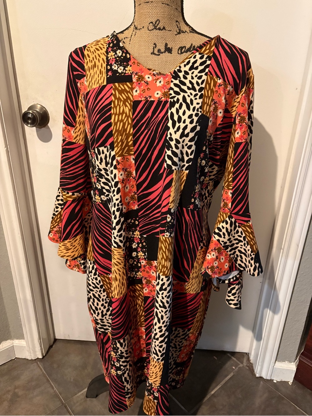 Patchwork Print Bell-Sleeve Midi Dress in Coral Pink and Mustard